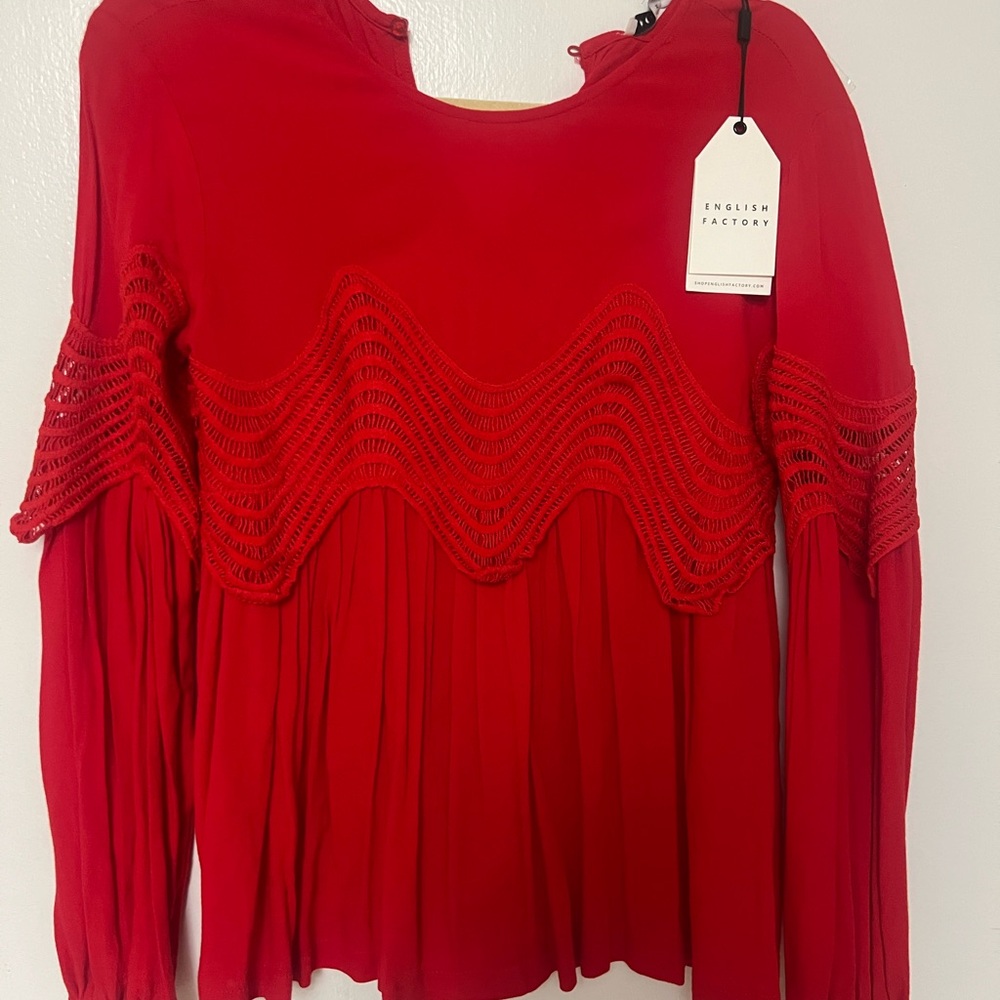 English Factory Red Pleated Blouse with Ribbed Details